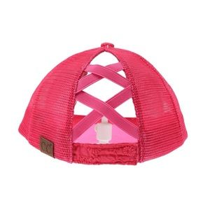 C.C. Beanie criss cross cap pony tails. Adjustable Velcro strap, embellishments